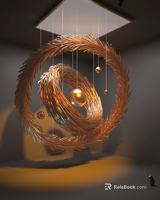 Modern Metallic Gold Spiral Pendant with Hanging Small Gold Spheres Design 3d model 