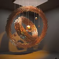 Modern Metallic Gold Spiral Pendant with Hanging Small Gold Spheres Design