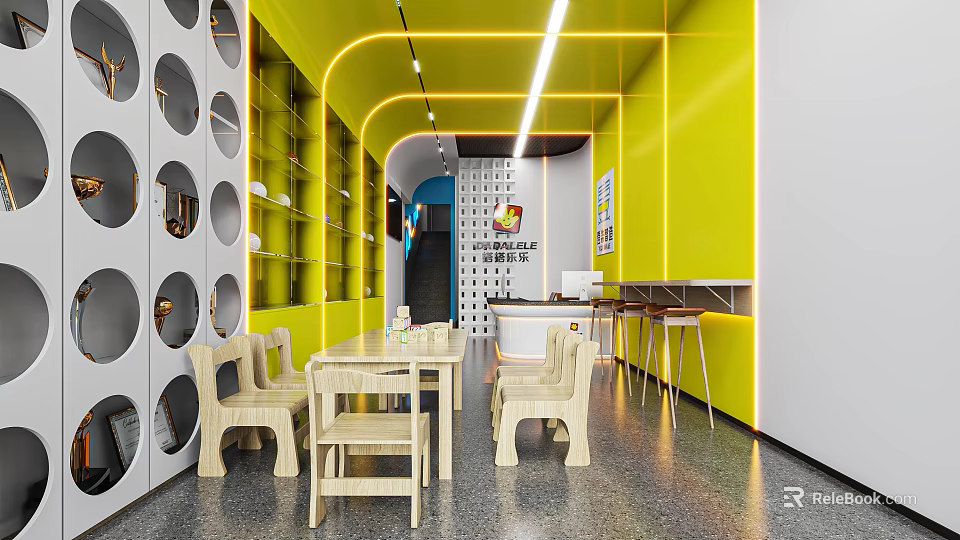 Bright Book Art Space With Yellow Walls And Circular Cutouts 3d model 