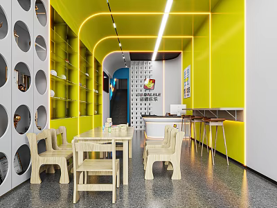 Bright Book Art Space With Yellow Walls And Circular Cutouts 3d model