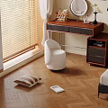 Modern Room Interior With White Stool Wooden Desk Blinds Striped Cushion And Wooden Floor
