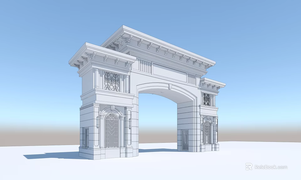 Classical Style White Stone Entrance Gate With Arch Design And Ornate Columns 3d model 