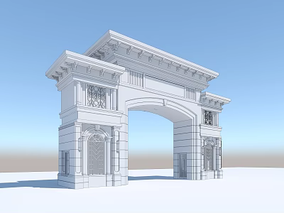 Classical Style White Stone Entrance Gate With Arch Design And Ornate Columns 3d model