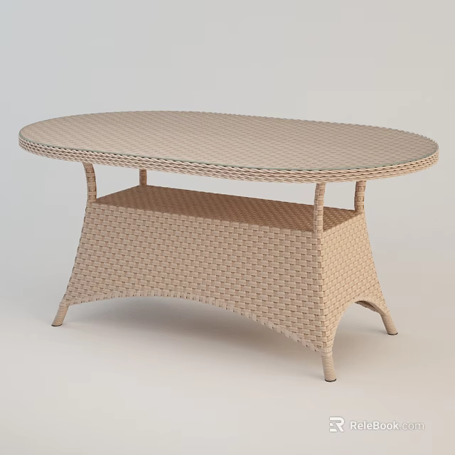 Stylish Oval Dining Table With Woven Rattan Structure Glass Top And Curved Legs 3d model 