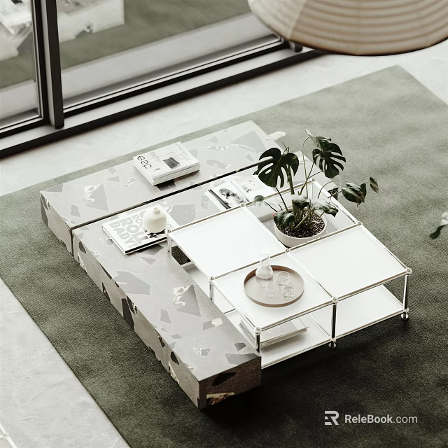 Modern Coffee Table With Glass Top Geometric Pattern And Monstera Plant On Rug 3d model 