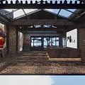 Traditional Chinese Ancient Interior With Blue Calligraphy Banners Wooden Beams And Stone Tables
