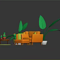 Yellow and Orange Sofa Coffee Table Set with Green Plants and Side Stools 3d model