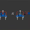 Red And Blue Industrial Mechanical Equipment With Pipes And Multiple Units
