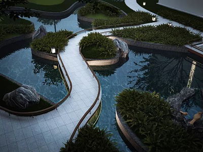 Serene Detached Villa With Curved Pathway Water Ponds And Lush Greenery 3d model