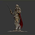 Detailed Fantasy Armored Warrior Holding Long Sword With Red Cape Standing on Stones