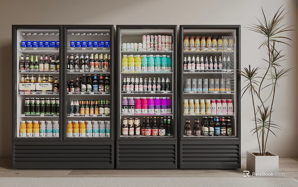 Commercial Display Refrigerators Stocked with Different Types of Beverages in Retail Store 3d model 