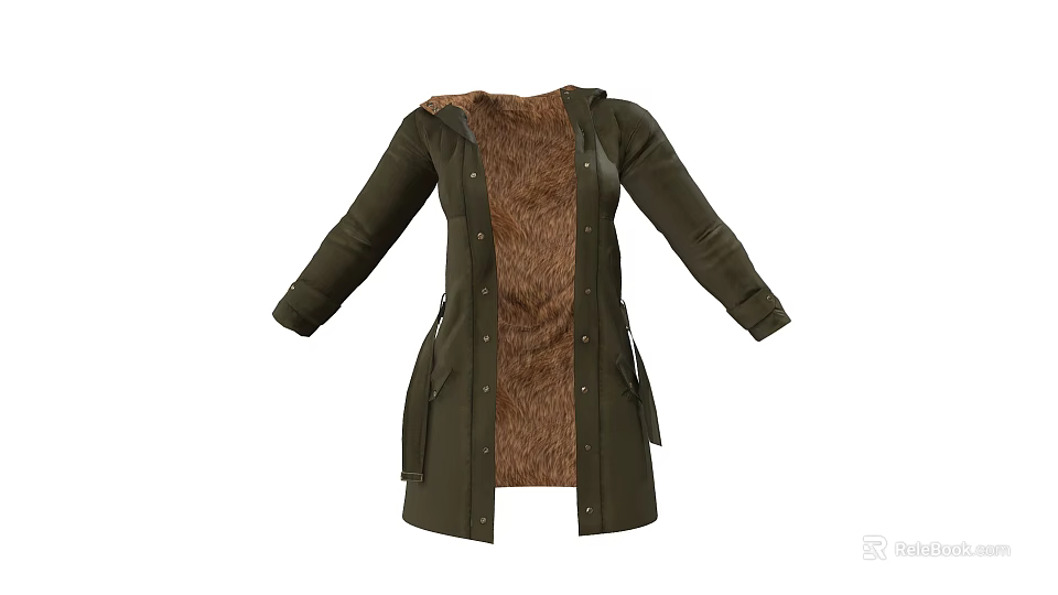 Green Hooded Coat With Brown Inner Lining And Functional Pockets Design 3d model