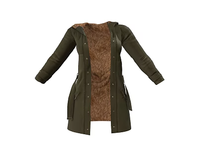 Green Hooded Coat With Brown Inner Lining And Functional Pockets Design 3d model