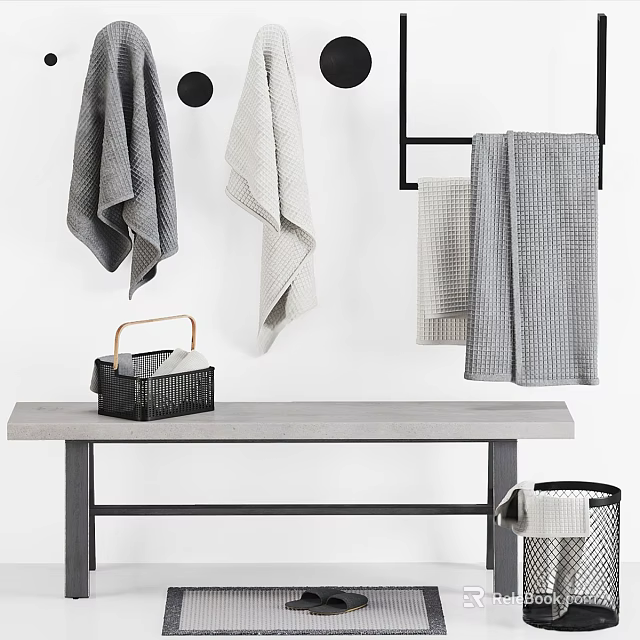 Stylish Bathroom Accessories with Hanging Towels Tissue Box Trash Can on Gray Table 3d model 