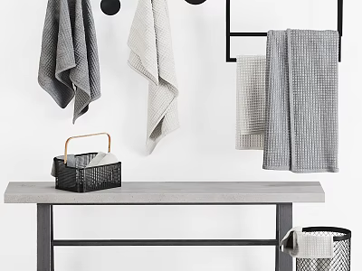 Stylish Bathroom Accessories with Hanging Towels Tissue Box Trash Can on Gray Table 3d model