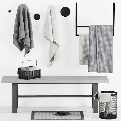 Stylish Bathroom Accessories with Hanging Towels Tissue Box Trash Can on Gray Table 3d model
