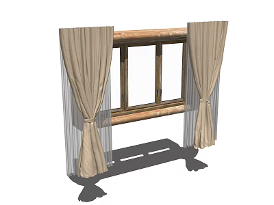 Wooden Window With Beige Curtains And Elegant Drapery Details 3d model