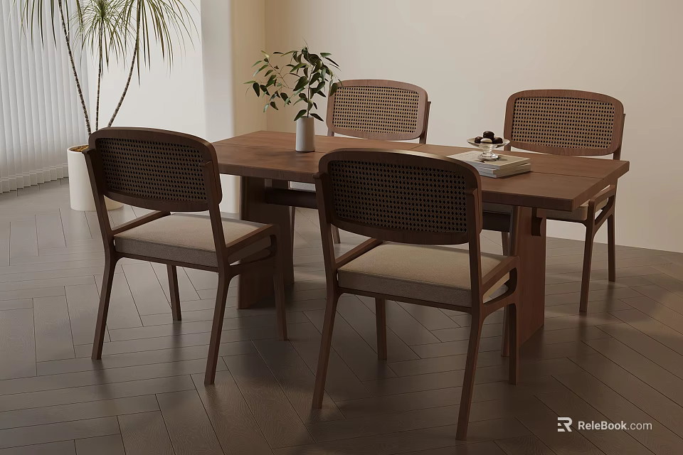 Modern Minimalist Wooden Dining Table Set With Rattan Back Chairs And Vase Decor 3d model 