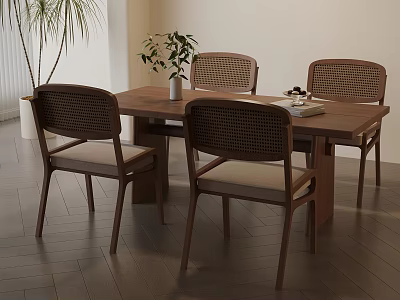 Modern Minimalist Wooden Dining Table Set With Rattan Back Chairs And Vase Decor 3d model