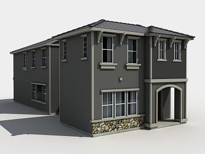 Modern Duplex Villa Exterior With Gray Facade Stone Wall Foundation And Arched Porch 3d model