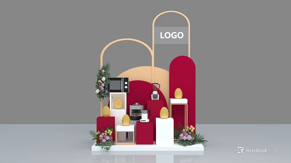 Modern Display Booth With Red White Geometric Structures LOGO Floral Decor Yellow Spheres And Appliances 3d model 