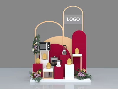 Modern Display Booth With Red White Geometric Structures LOGO Floral Decor Yellow Spheres And Appliances 3d model