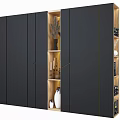 Modern Black Decorative Cabinet With Open Design Wooden Shelves Books And Decorations