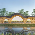 Scenic Garden Landscape Featuring Unique Arch Structure Water Reflection And Green Trees 3d model