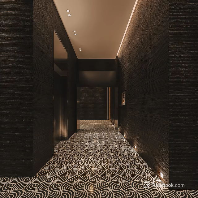 Modern Elevator Hallway With Textured Walls Patterned Carpet And Recessed Lighting 3d model