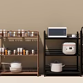 Practical Kitchen Storage Shelves With Jars Microwave Rice Cooker And Pots 3d model