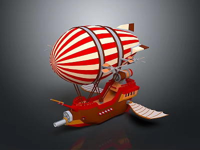 Red And White Striped Airship With Wooden Body Propellers And Wings 3d model