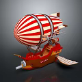 Red And White Striped Airship With Wooden Body Propellers And Wings