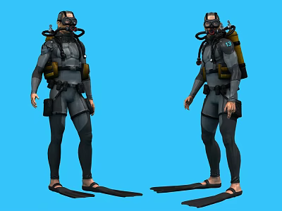 Man in Full Scuba Diving Gear with Wetsuit Oxygen Tank and Flippers 3d model