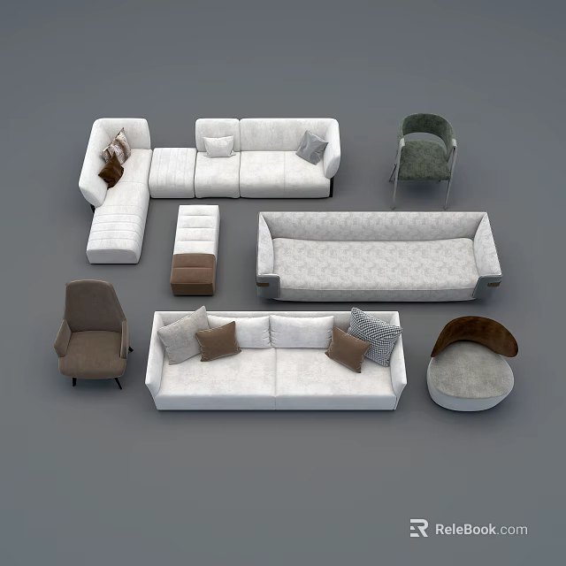 Modern Sofa Combination With L Shaped Sofa Three Seater Sofa Single Armchairs And Decorative Cushions 3d model 