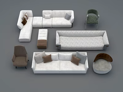 Modern Sofa Combination With L Shaped Sofa Three Seater Sofa Single Armchairs And Decorative Cushions 3d model