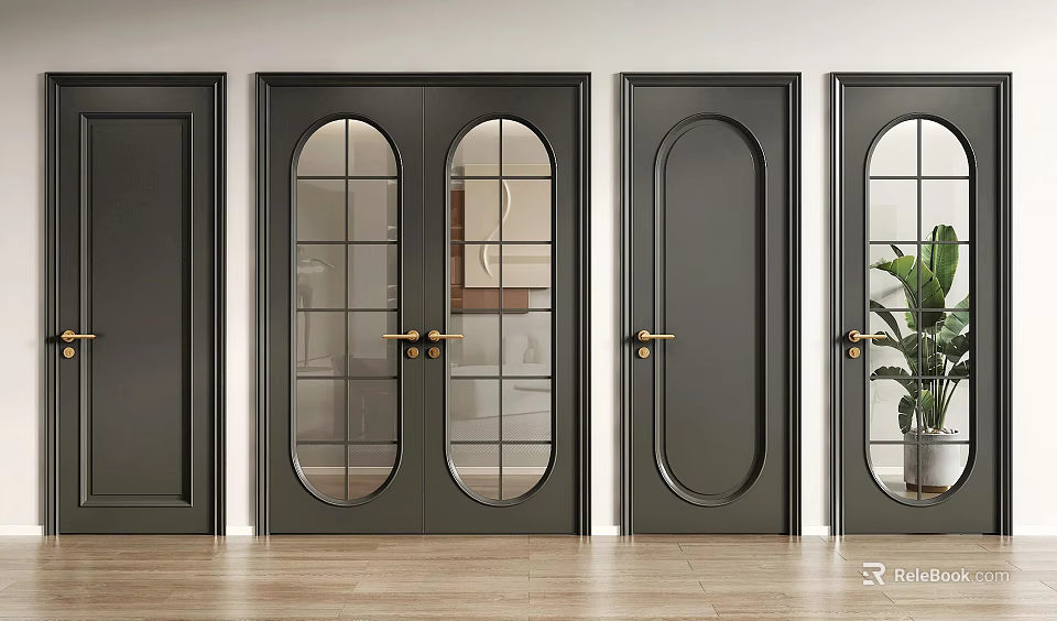 Modern Black Double Doors Interior With Glass Panels And Various Designs On Wooden Floor 3d model 
