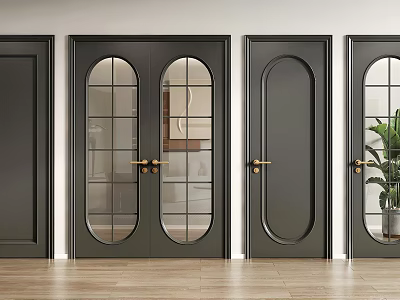 Modern Black Double Doors Interior With Glass Panels And Various Designs On Wooden Floor 3d model