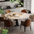 Brown Leather Dining Chairs With Modern Design Around Round Marble Table In Kitchen 3d model