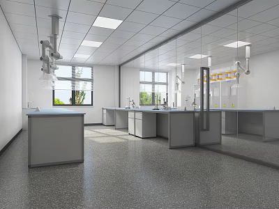 Modern Laboratory Interior With Lab Benches Windows Suspended Lights And Gray Floor 3d model