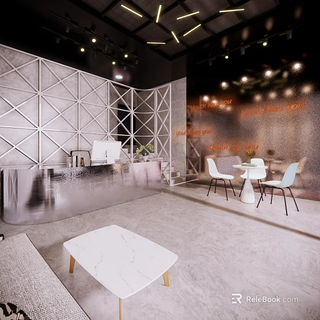 Modern Front Desk Reception Interior Design With Geometric Wall And Seating Area 3d model 