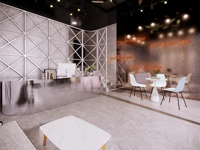 Modern Front Desk Reception Interior Design With Geometric Wall And Seating Area 3d model