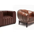 Classic Brown Leather Single Sofa With Vertical Tufted And Curved Design Wooden Legs
