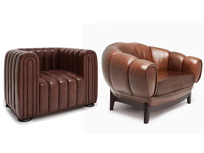 Classic Brown Leather Single Sofa With Vertical Tufted And Curved Design Wooden Legs 3d model