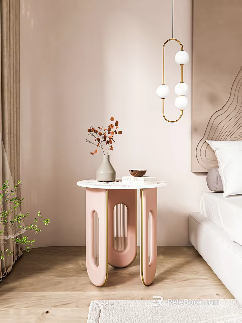 Pink Side Table White Marble Top Vase Brown Leaves in Bedroom White Bed Pendant Lights 3d model 