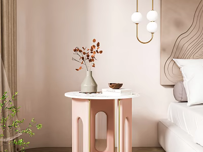 Pink Side Table White Marble Top Vase Brown Leaves in Bedroom White Bed Pendant Lights 3d model