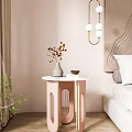 Pink Side Table White Marble Top Vase Brown Leaves in Bedroom White Bed Pendant Lights