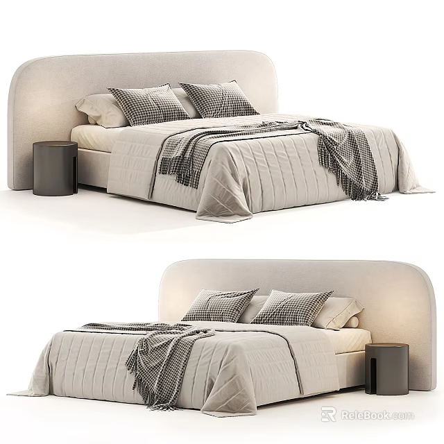 Modern Double Bed With Headboard Pillows Blanket And Bedside Table In Bedroom Setting 3d model