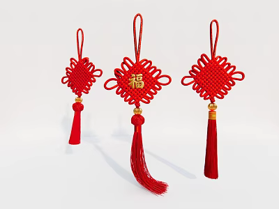 Traditional Red Chinese Knot Pendant with Fu Character and Decorative Tassels for Home Decoration 3d model