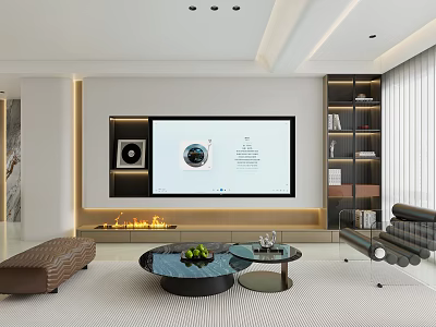 Modern Living Dining Room Interior With TV Wall Fireplace And Coffee Tables 3d model
