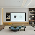 Modern Living Dining Room Interior With TV Wall Fireplace And Coffee Tables
